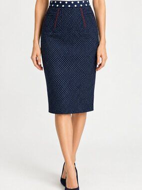 YOANA BARASCHI Pencil Skirt Womens size 0 Blue White Polka Dot High Rise Midi